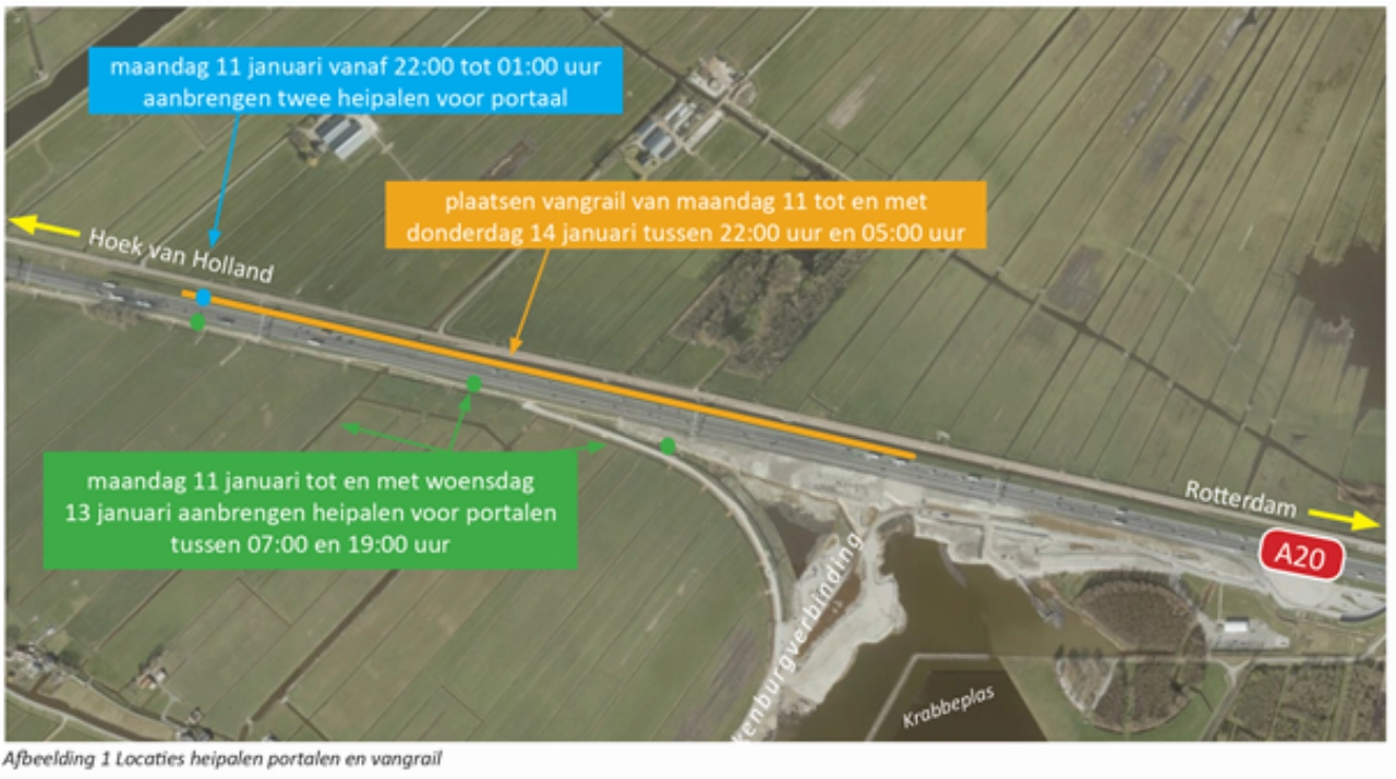 Nachtwerk langs de A20 in Vlaardingen