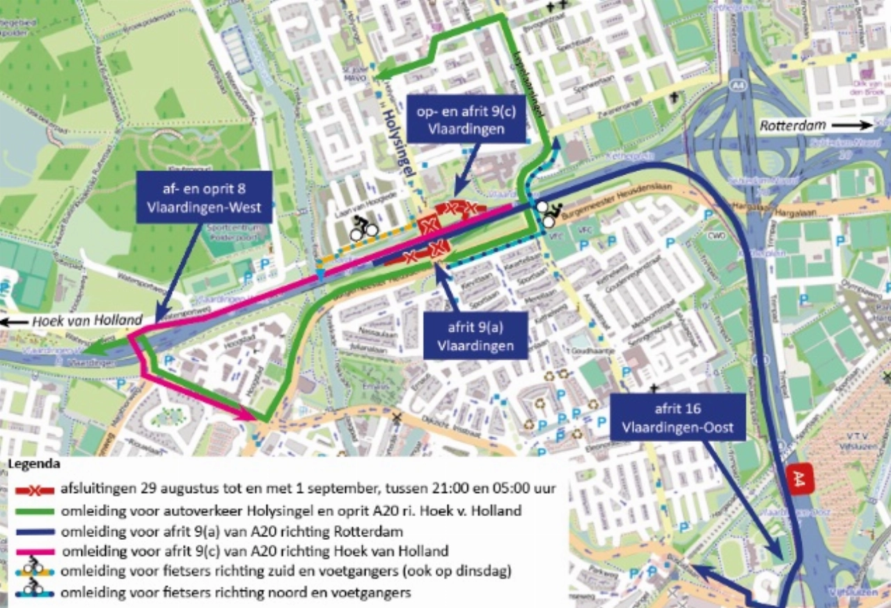 Holysingel en op- en afritten A20 dicht