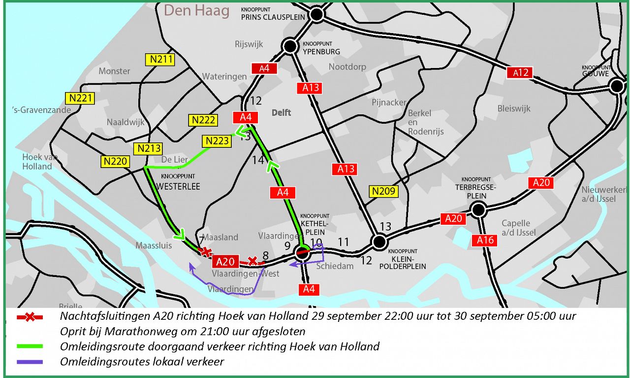 Extra nachtafsluiting A20 richting Hoek van Holland