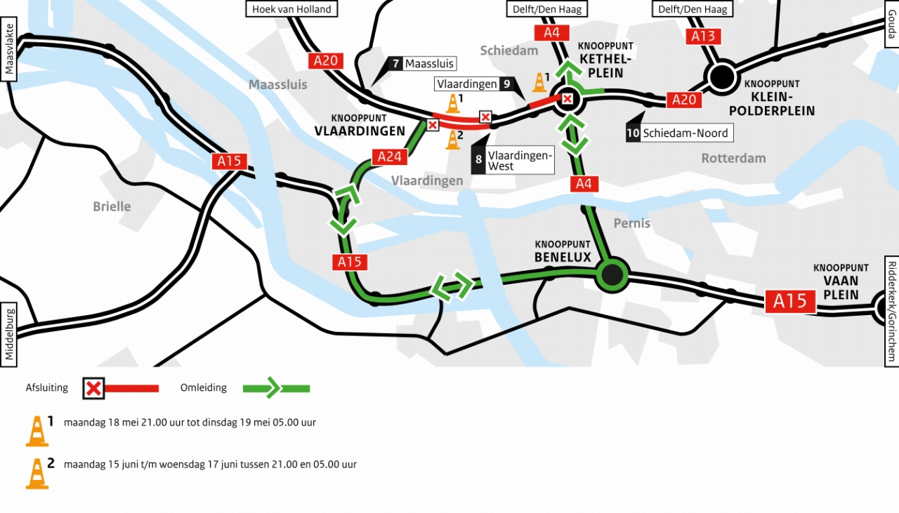 A20 meerdere nachten dicht bij Vlaardingen
