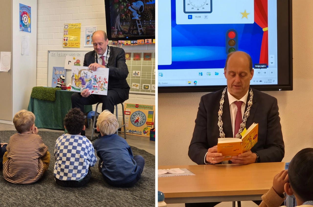 Burgemeester leest voor op IKC Het Spectrum tijdens Kinderboekenweek