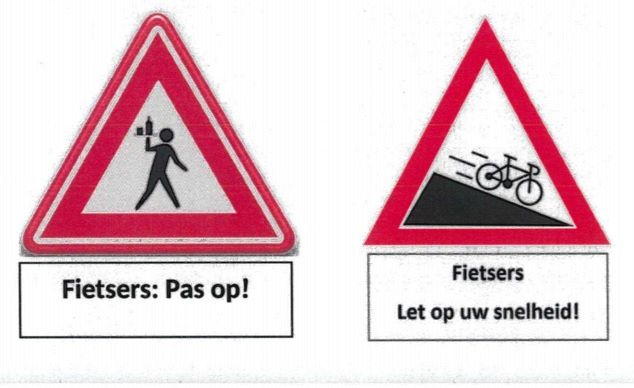 Waarschuwingsborden voor fietsers bij de Markt en Wip