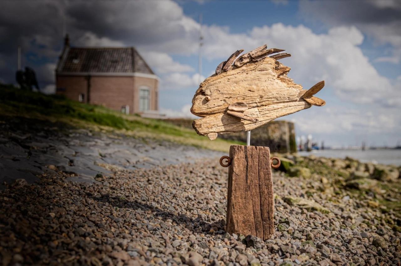 Kunst van drijfhout en fotografie in het Douanehuisje