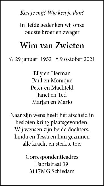In memoriam: Wim van Zwieten