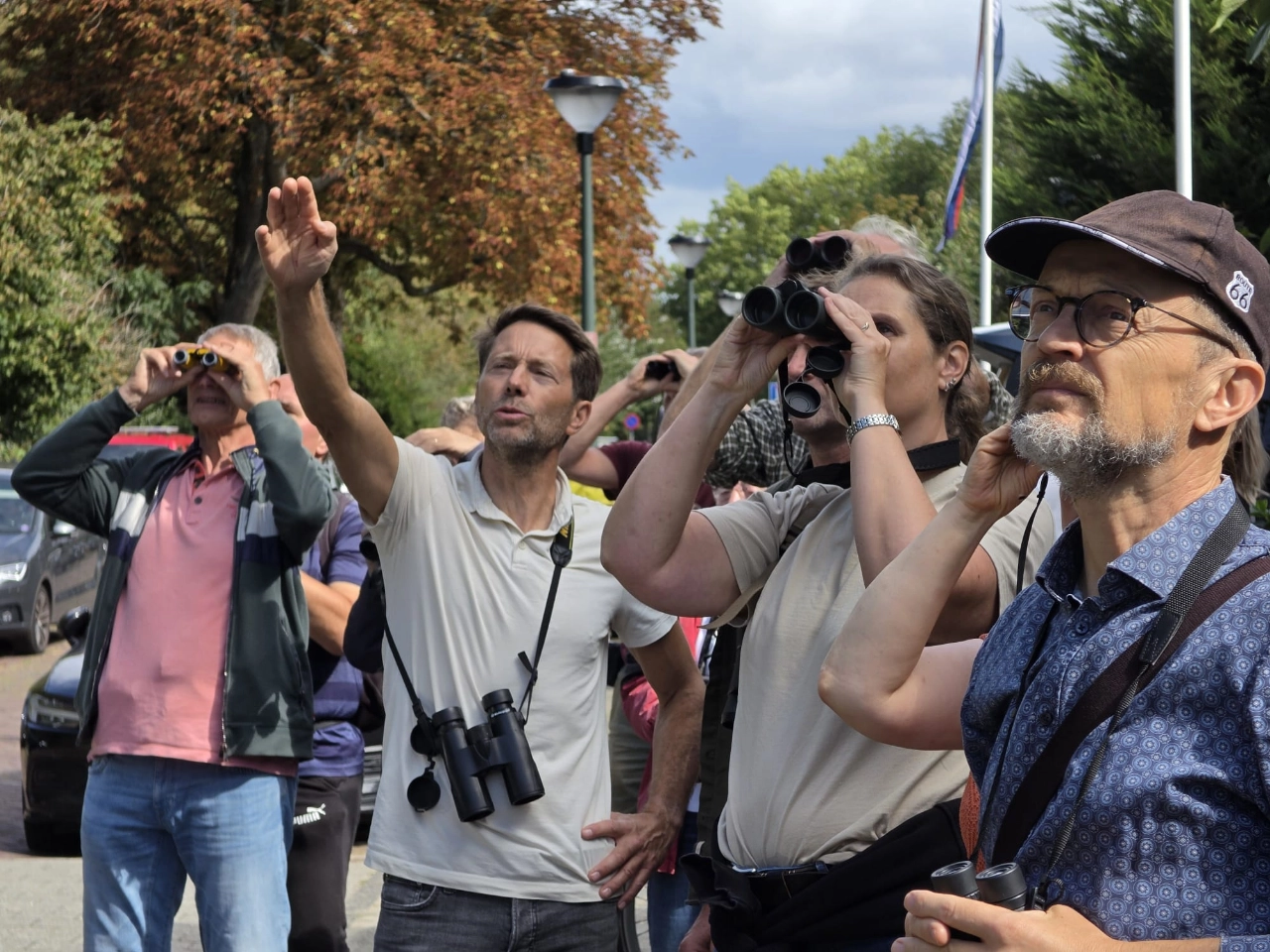 Aziatische-hoornaarspeurders met verrekijkers op cursus