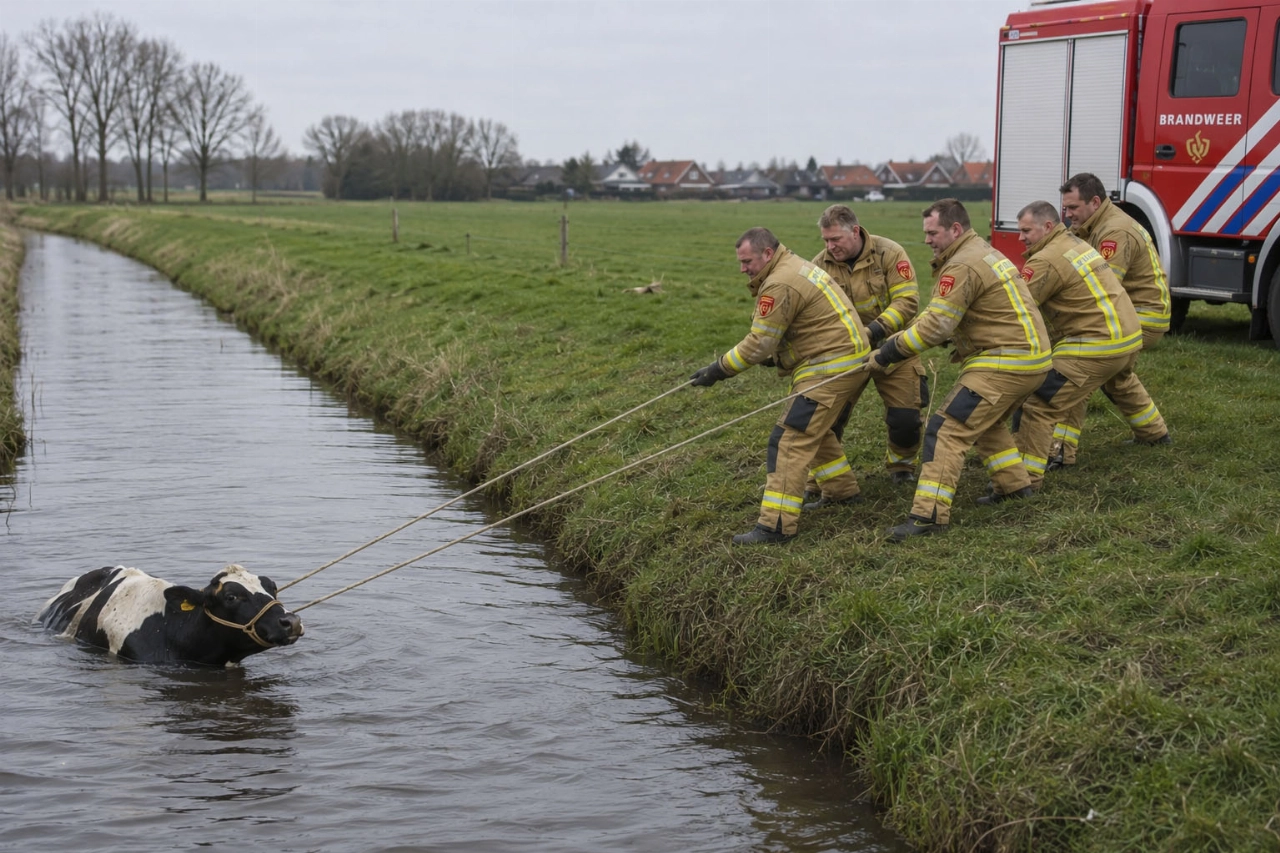Eigenwijze koe houdt brandweer bezig