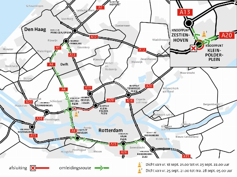 A20 richting Rotterdam en Gouda heel weekend dicht vanaf Kethelplein