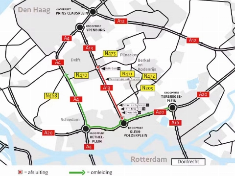 Mogelijk extra drukte bij Schiedam door wegafsluiting in regio