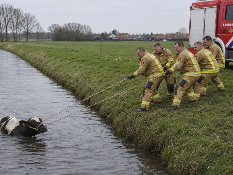 Eigenwijze koe houdt brandweer bezig