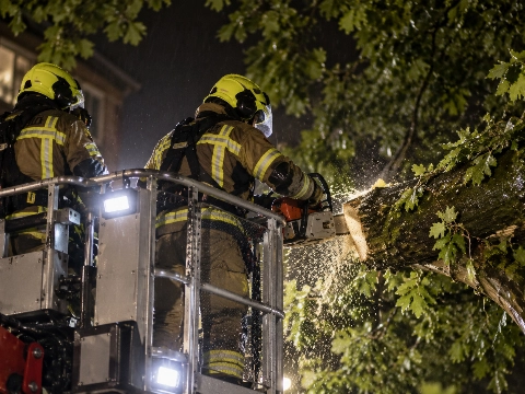 Grote boomtak valt op twee auto’s en tegen woningen aan Benschoplaan
